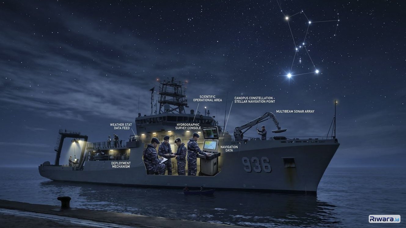 Ilustrasi kapal survei Hidro-oseanografi TNI AL, KRI Canopus 936 dibuat dengan bantuan Gemini AI